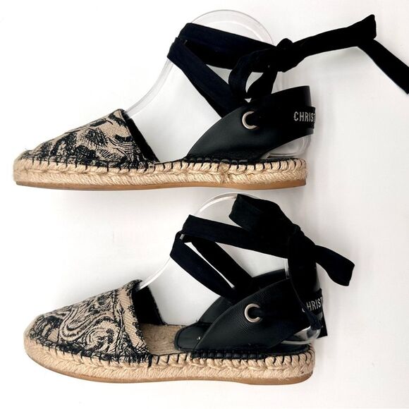 Dior Embroidered Canvas & Leather Ankle Tie Espadrille Flats EU 37.5 US 7.5 - Picture 9 of 11